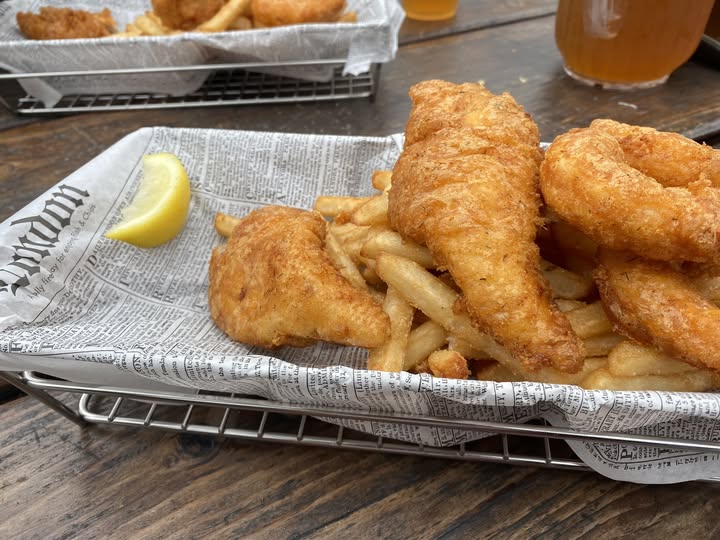 Noyo Fish Company combo — fish and prawns with fries