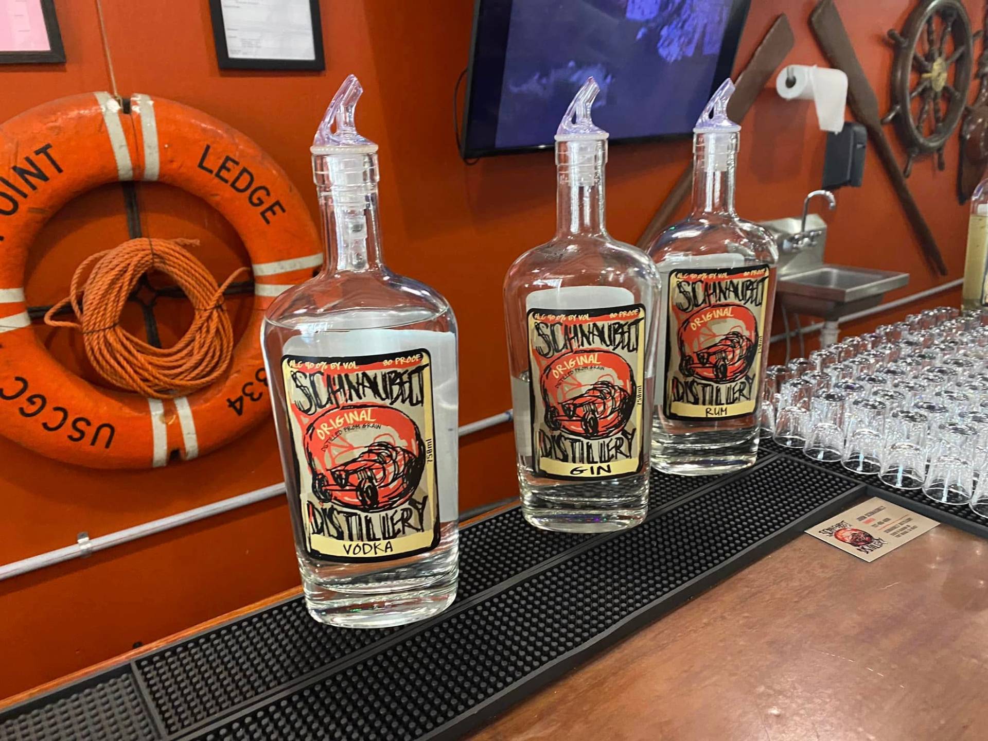 Schnaubelt Distillery Vodka, Gin, and Rum bottles